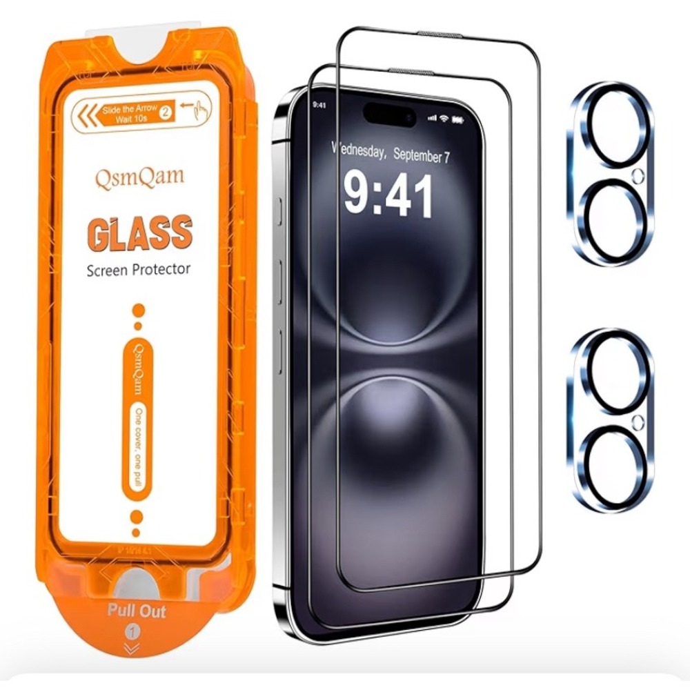 QsmQam for iPhone 16 Screen Protector + Camera Lens Protector, Shatterproof